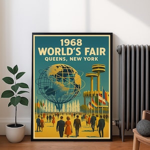 Póster de la Feria Mundial de 1968: Impresión retro de Nueva York, arte mural de viajes vintage, descarga digital, póster artístico grande para sala de estar, dormitorio y oficina.