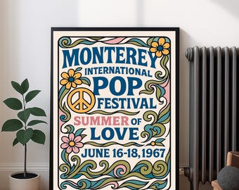 Monterey Pop Festival Wall Art Print, Retro Music Concert Poster, Digital Download