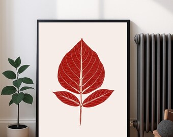 Red Leaf Wall Art Print, Minimalist Botanical Wall Decor, Digital Download