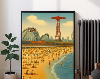 May include: A framed print depicting a vintage beach scene. The artwork showcases a crowded beach with people, umbrellas, and the ocean. The iconic Cyclone roller coaster and a tall observation tower are visible in the background. The sky is a clear blue.