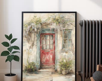 Rustic Red Door Print, Vintage Cottage Wall Art, Digital Download