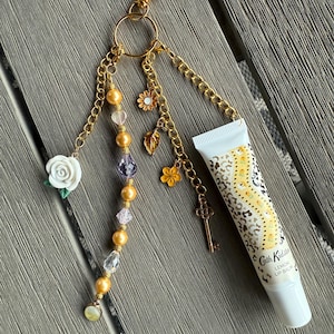 Fearless-Inspired Bag Charm with Lip Gloss | Yellow Beaded Keychain Gift Under 25