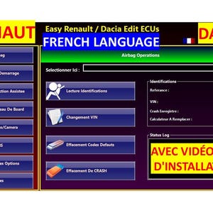Renault-Dacia repair French-language with activation for keys, airbags, steering, dashboard, ABS, radio/camera, EEPROM reading, and more.