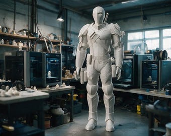 Può includere: Una statuetta stampata in 3D bianca e non dipinta di un personaggio in armatura tattica, dotata di maschera integrale, spallacci, cintura portaoggetti e protezioni per le gambe. La figura si trova in un ambiente di laboratorio.