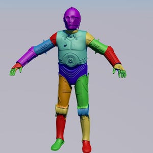 以下が含まれることがあります： 紫色の頭、ターコイズの胴体、さまざまな色の手足を持つ、カラフルでセグメント化されたロボットフィギュア。 ロボットの腕は広げられ、無地の背景に立っています。 デザインは、人気のSFキャラクターを彷彿とさせます。
