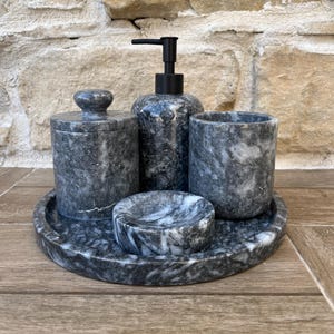 5-Piece Handmade Marble Bathroom Set | Black Marble Set | Luxury Bathroom Decor | Marble Decor | Turkish Marble