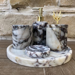 5-Piece Handmade Marble Bathroom Set | Calacatta Viola Marble Set |  Marble Bathroom Decor | Turkish Marble | Marble Soap Dispenser