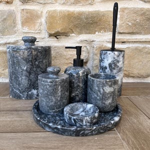 100% Natural Marble | 7-Piece Handmade Marble Bathroom Set | Black Marble Set | Luxury Bathroom Decor | Marble Decor | Turkish Marble