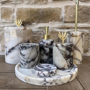 7-Piece Handmade Marble Bathroom Set | Calacatta Viola Marble Set |  Marble Bathroom Decor | Turkish Marble | Marble Soap Dispenser
