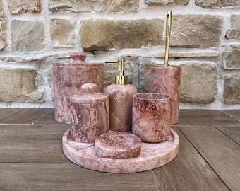 Handgemaakte roze travertijn badkamerset | 7-delig Turks decor