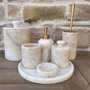 100% Natural Honey Marble Set | 7-Piece Handmade Marble Bathroom Set | Marble Decor | Turkish Marble | Marble Soap Dispenser | White Marble