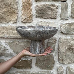 Handcrafted Silver Travertine Pedestal Bowl – Natural Stone Centerpiece for Modern & Minimalist Decor - Marble Bowl - Marble Decor