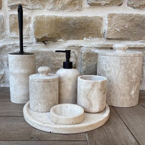 100% Natural Travertine | 7-Piece Handmade Travertine Bathroom Set | Beige Marble Set | Natural Stone Liquid Soap Dispenser  | Marble Decor