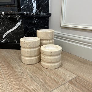 Set of 3 Travertine Candle Holders – Natural Stone Candle Holders – Rustic Minimalist Home Decor – Handcrafted Marble Candle Stands