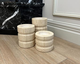 Travertine Candle Holder Set – Rustic Beige Stone, Minimalist Decor