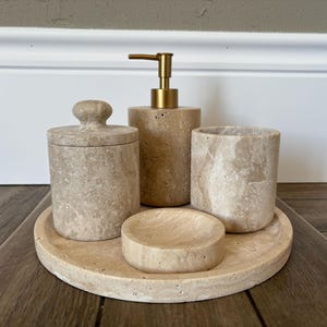 5-Piece Handmade Travertine Bathroom Set | Beige Marble Set | Natural Stone Liquid Soap Dispenser  | Marble Decor | Turkish Marble