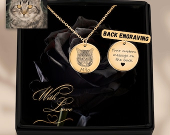 Custom Pet Portrait Name Necklace,Cat Photo Necklace, Engraved Cat Picture Necklace, Pet Memorial Gift, Pet Lover Gift,Gift for Her