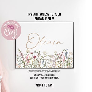 EDITABLE Wildflowers Name Print, Digital File, Girls Bedroom Decor, Personalized Name Print, Wildflowers Art Print, INSTANT DOWNLOAD