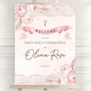 Mädchen Kommunion Willkommensschild, rosa Blumen- und Spitzendesign, Goldkreuz, elegantes Zeichen für religiöse Feier 18 x 24
