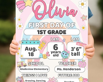 Editable First Day of School Sign for Girls, Rainbow Back to School Printable, Grade Milestone Sign Template, Pastel Photo Prop