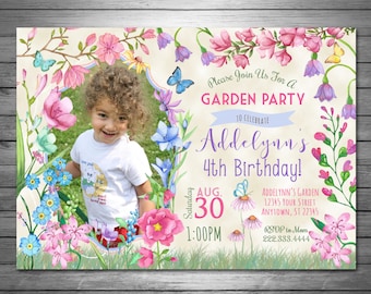 Verjaardagsuitnodiging voor tuinfeest, vlinders uitnodiging, bloemen verjaardagsuitnodiging, aquarel bloemen, afdrukbaar bestand, digitaal bestand
