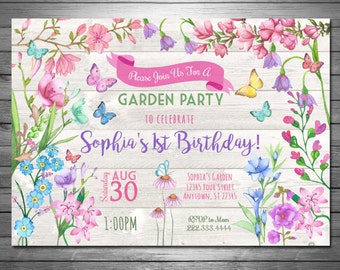 Garden Party Birthday Invitation, Butterflies Invitation, Floral Birthday, Butterflies Party, Wood Garden, Printable or Printed Invitations