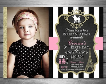 Paris Birthday Invitation, Digital File, Pink and Black, Eiffel Tower, Poodle, Chalkboard Invitation, Black and White, Gold Glitter