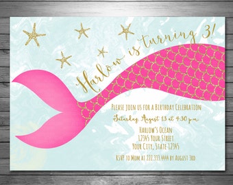 Mermaid Birthday Invitation, Printable or Printed Invitations, Gold Glitter Invitation, Mermaid Glitter, Pink Gold Glitter, Mermaid Party