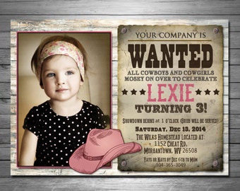 Cowgirl Birthday Invitation, Printable or Printed Invitations, Wanted Poster, Cowgirl Birthday, Cowgirl Hat, Pink, Vintage