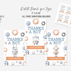 Robots Thank You Tags, Digital File, Robots Party Decor,  Cute Robots, Personalized, Printable