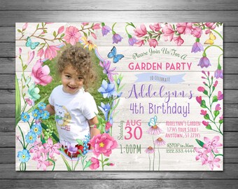 Garden Party Birthday Invitation, Butterflies, Floral Birthday Invitation, Watercolor Flowers, Wood Garden, Printable or Printed Invitations