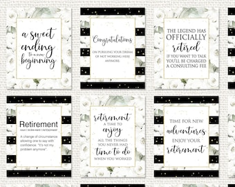 Retirement Party Signs, 8 x 10 and 5 x 7, INSTANT DOWNLOAD, 14 Fun Signs, White Roses, Black and Gold, 1 Retirement Wishes Sign and Ticket