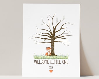 Fox Fingerprint Tree Sign, Baby Shower Fox Baby Shower, Thumbprint Sign, Fingerprint Leaves, Woodland Fingerprint Sign, Baby Shower Sign in