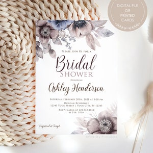 Floral Bridal Shower Invitation,  Muted Bridal Shower Invitation, Rustic, Taupe, Digital File, Printable or Printed