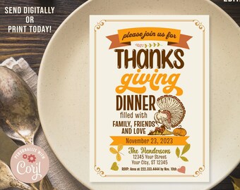 May include: Editable Thanksgiving dinner invitation template with a cartoon turkey, fall leaves, and the text "Please join us for Thanks giving Dinner" and "November 23, 2023".