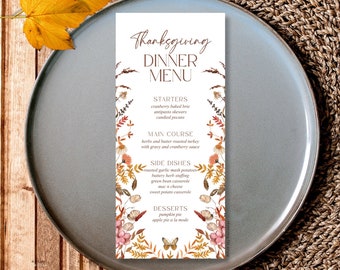 Thanksgiving Dinner Menu Template, Printable Thanksgiving Dinner Menu, Fall Menu Card, Editable Menu, Fall Dinner Menu, Table Decor, M004