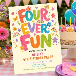 Pode incluir: Um convite de aniversário retangular com fundo creme, o texto colorido FOUR EVER FUN e os detalhes da festa de 4º aniversário de Olivia em 24 de outubro às 14h, decorado com ilustrações de flores, estrelas e arco-íris.
