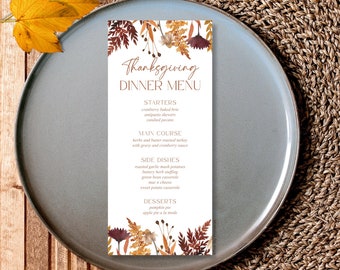 Szablon menu na kolację z okazji Święta Dziękczynienia, Wydrukuj menu na kolację z okazji Święta Dziękczynienia, Karta menu jesiennego, Edytowalne menu, Menu kolacji jesiennej, Dekoracja stołu, M001