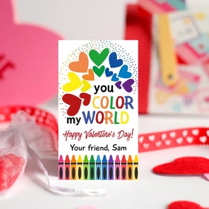 Crayons Valentine&#39;s Day Tags, EDITABLE, Instant Download, 2 x 3.5 Printable Tags, Coloring, Rainbow School Tag, Class, Print today!