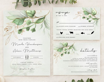 Greenery and Gold  Wedding Invitation, Wedding Invitation Suite, Boho, Watercolor, RSVP, Details Card, Included, Printable or Printed