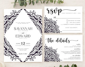 Boho Black and White Modern Wedding Invitation, Printed Wedding Invitations, RSVP, Details or Reception, Included, Digital or Printed