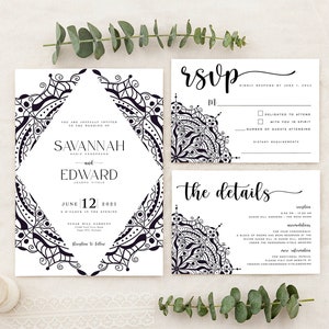 Boho zwart-wit moderne huwelijksuitnodiging, gedrukte huwelijksuitnodigingen, RSVP, details of receptie, inbegrepen, digitaal of gedrukt