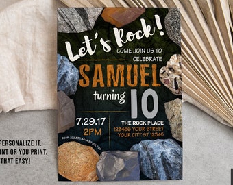 Rocks Birthday Invitations, Digital File, Geology Birthday Invitation, Mining Invitation, Printable or Printed Invitations