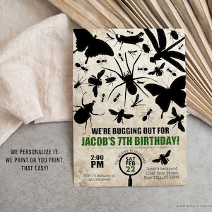 Invitación de cumpleaños de bichos, invitación de bichos modernos, entomología, fiesta educativa, insectos, bichos, imprimible o impreso
