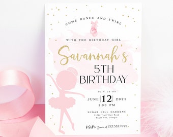 May include: Pink and gold printable invitation for a 5th birthday party. The invitation features a ballerina silhouette and the text "Come dance and twirl with the birthday girl Savannah's 5th Birthday".