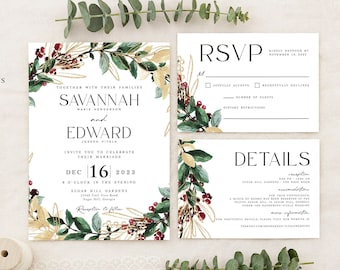 May include: A wedding invitation suite with a green, gold, and red floral design. The invitation features the names "Savannah and Edward" and the date "Dec 16, 2023". The RSVP card has a checklist for guests to indicate their attendance. The details card includes information about the wedding reception.