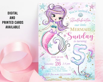 Mermaid Birthday Invitation, Under the Sea Girls Birthday Invitation, Printable or Printed Invitations, Beach Birthday