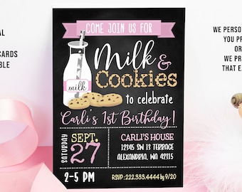 Milk and Cookies Girls Birthday Party Invitation,Printed Invitations or Printable File, Chalkboard Invitation, Pink