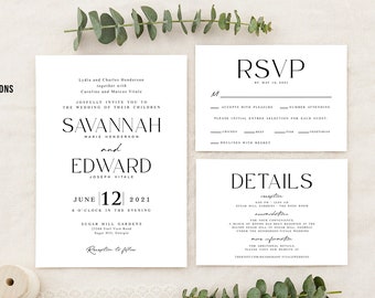 Simple Modern Wedding Invitation, Classic, Perfect for Pocket Envelopes, RSVP, Reception or Details Cards, Included, Printable or Printed