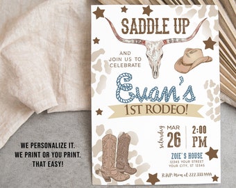 1st Rodeo Birthday Invitation, Boys Western 1st Birthday Invitation, Cowboy First Birthday, Digital File, Printable or Printed